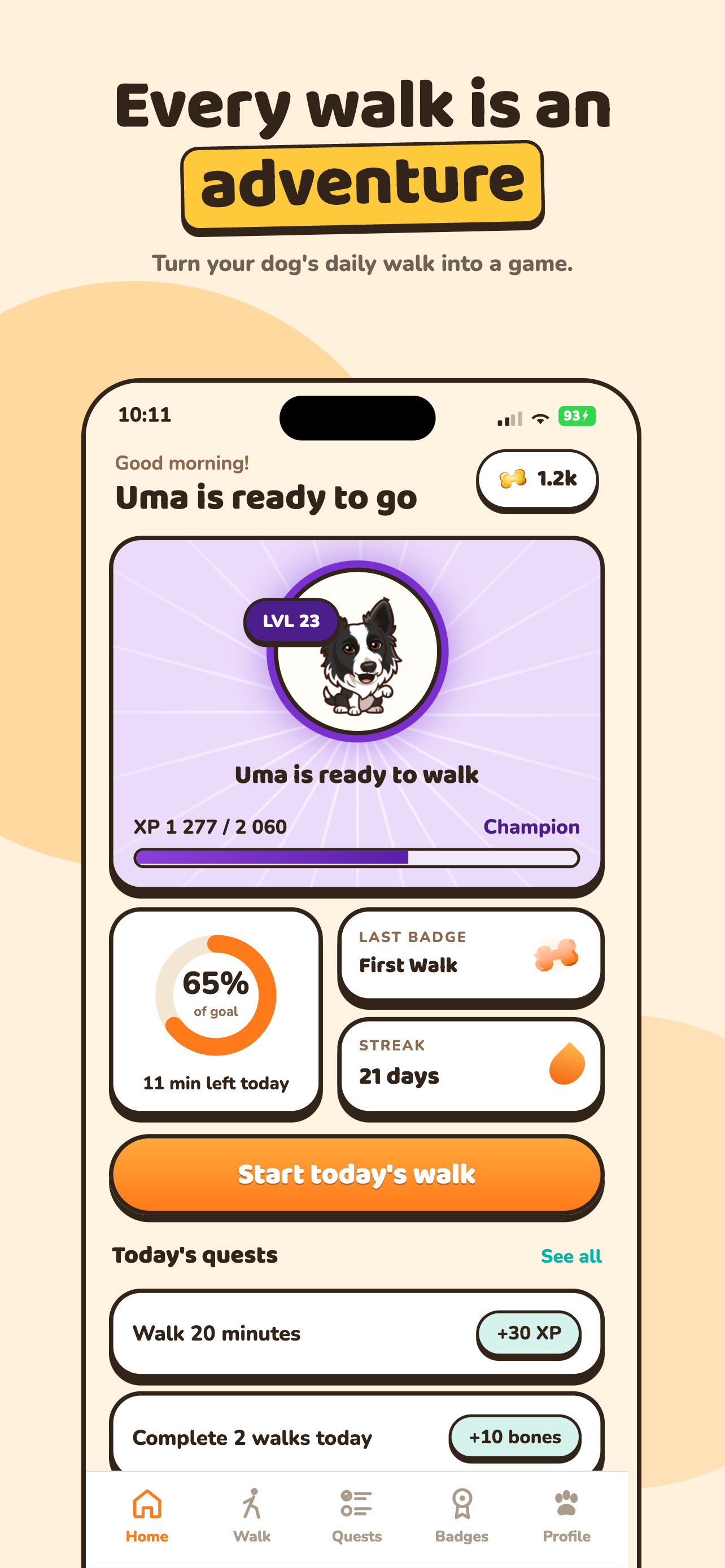 Woofit home screen with the dog avatar, level and daily goal