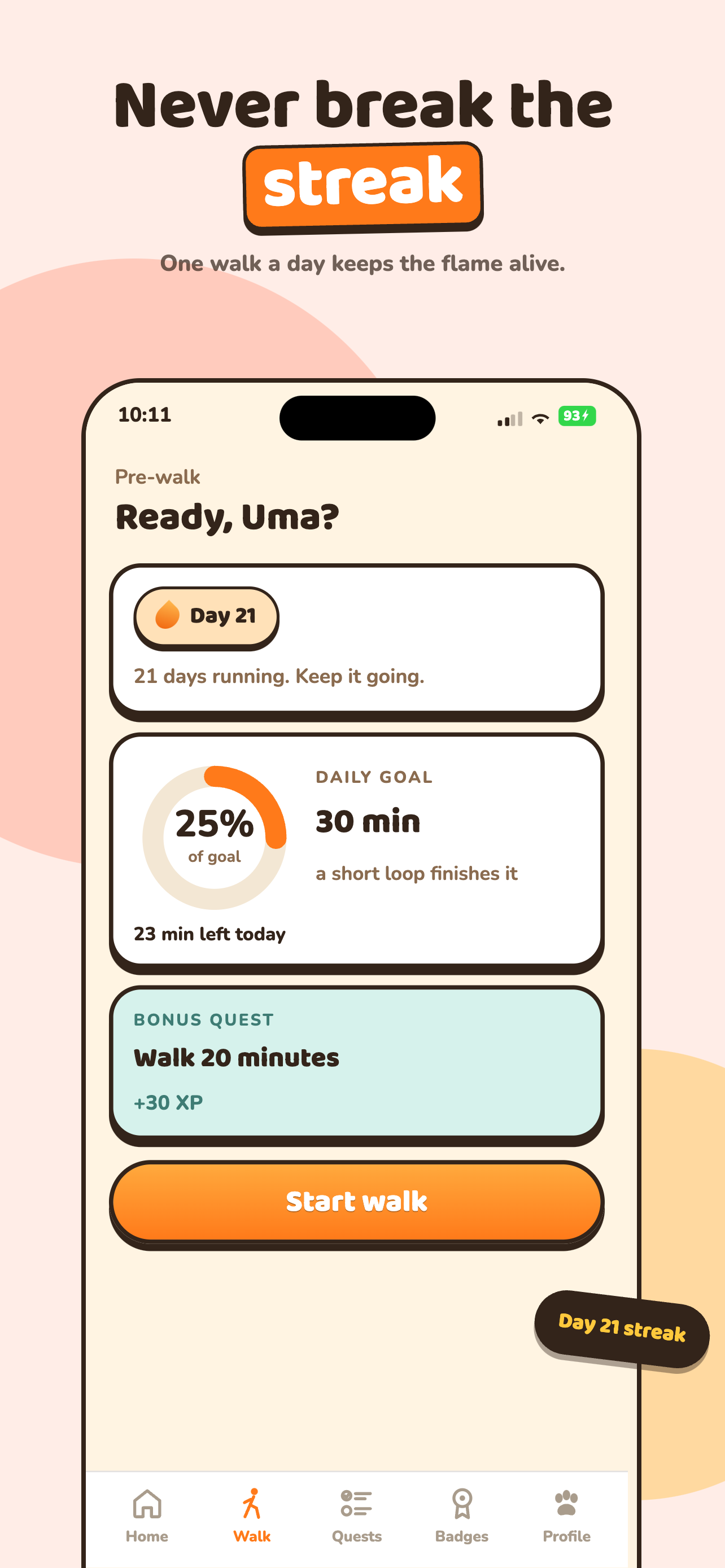 Woofit pre-walk screen with the daily goal and bonus quest