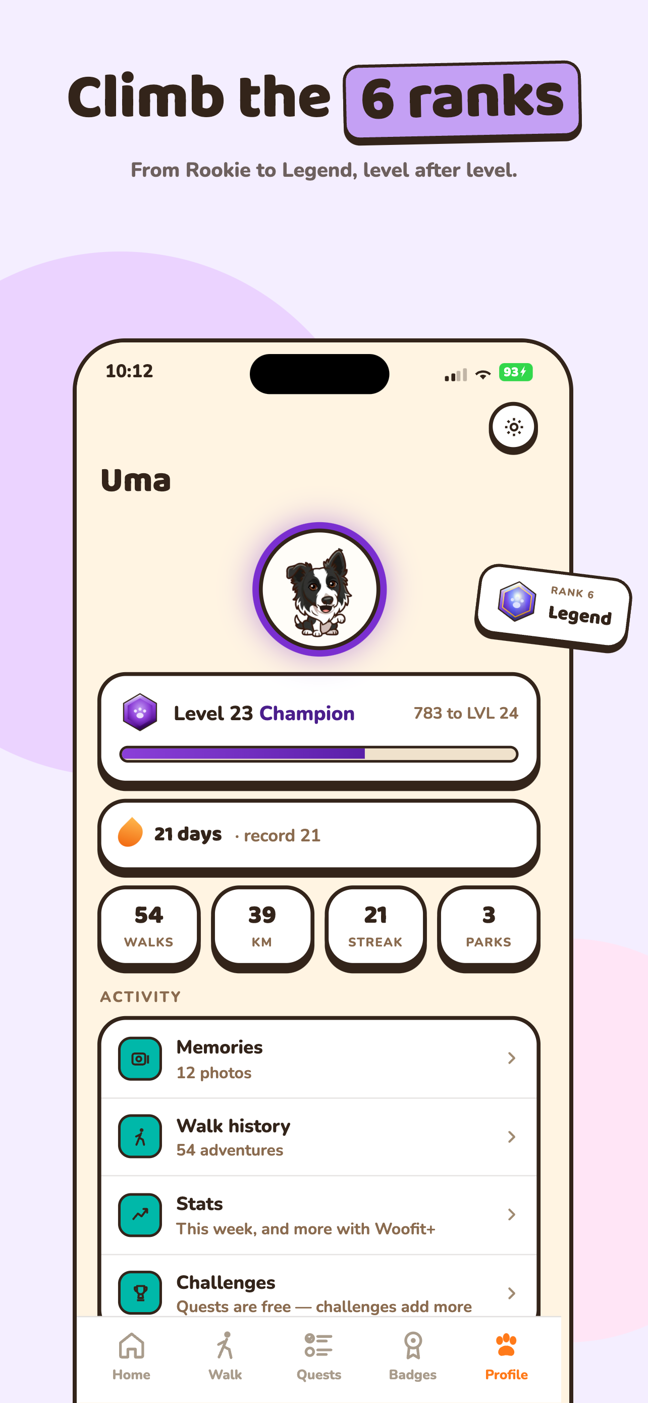 Woofit profile screen showing level, rank and stats