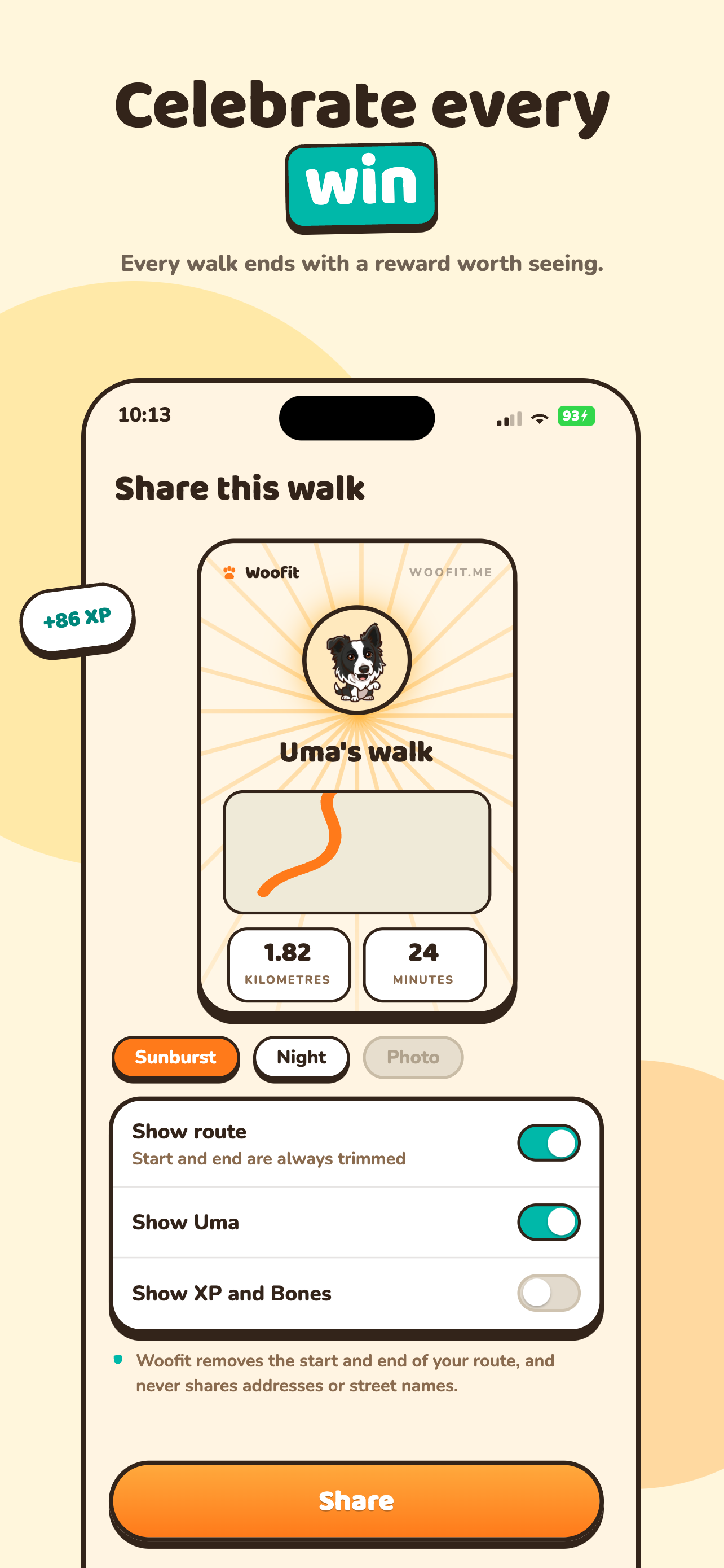Woofit walk summary card ready to share