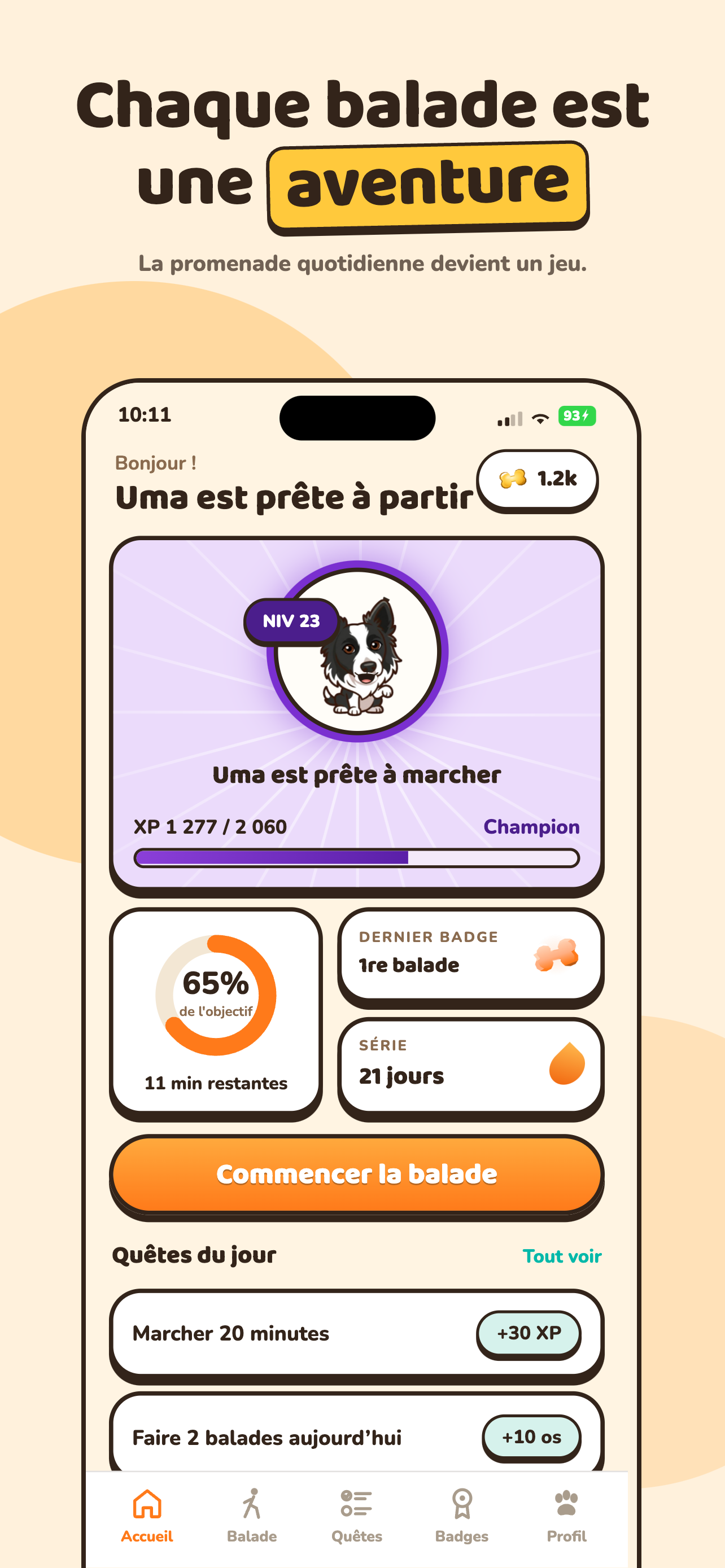 Écran d'accueil de Woofit avec l'avatar du chien, son niveau et l'objectif du jour