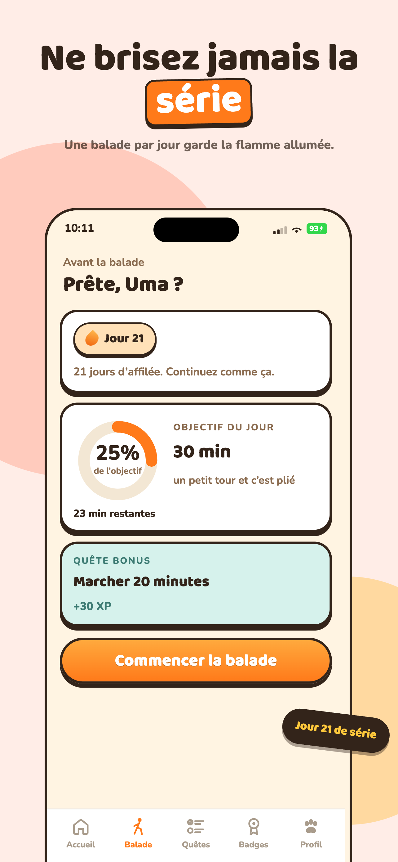Écran d'avant-balade avec l'objectif du jour et la quête bonus